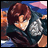 Pixelated anime-style character with brown hair and dark clothing, holding a silver object against a colorful background with blue, pink, and orange hues.