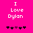 Bright pink background with white pixelated text "I Love Dylan" and a of five black-and-purple heart icons below