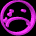 Purple pixelated emoticon with downturned mouth and closed eyes, displayed in three views showing front, side, and partial rotation against black background.