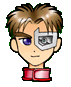 Pixelated character head with brown hair, silver eye patch, and red collar; left eye visible in first frame, winked in second frame.