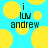 Pixelated icon with cyan background and yellow circles, displaying text 'i luv andrew' in dark green block letters.