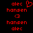 Red pixelated text and symbols on black background: 'alec hansen' repeated with heart and '3' symbols, animated to alternate between two states.