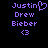 Pixelated purple text on black background shows 'Justin' with heart symbol, 'Drew', 'Bieber', and '<3' in two side-by-side frames.