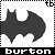 Black bat-shaped silhouette with pointed ears and wing-like extensions on white background, bordered by black-and-white pixelated frame.