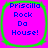 Four identical square icons with bright pink backgrounds and green borders, each displaying blue pixelated text reading "Priscilla Rock Da House!" in a
