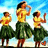Three figures in yellow shirts and green skirts stand against a blue sky background, each in a distinct pose with arms raised or extended.