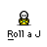 A 3x3 contact sheet of a pixel art animated buddy icon showing a yellow stick figure and rolling green-and-white striped objects with "Roll a J" text beneath each frame.
