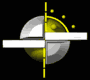 Yellow sphere with 'Enter' text, segmented silver and white shapes rotating around it against black background with yellow dots.