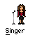 Pixel art of a female singer character with brown hair, red top, black skirt, and black shoes standing next to a microphone stand with musical notes floating around.