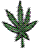 Four pixelated green cannabis leaves in different orientations on white backgrounds, each with visible stem and serrated edges.