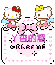 Pixel art Hello Kitty avatar with two angelic figures, pink bow, and Chinese text on a heart-shaped background.