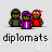 Pixel art of three showing three distinct buddy icon designs with 'diplomats' text beneath each, featuring group figures, stacked books, and eagle symbols