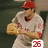 Pixelated image of a person in baseball uniform holding a glove, wearing red cap and white jersey with red accents.