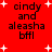 Red background with white plus signs and black text reading "cindy and aleasha bffl" in four quadrants.