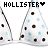 Pixelated image with 'HOLLISTER' text and heart symbol above two stylized figures with black dots on light-colored bodies.