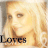 A pixelated image of a person with long blonde hair, showing two sequential states where the mouth opens slightly and text changes from 'Loves' to 'Loves it'.