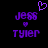 Pixelated purple text 'Jess' above a small heart and 'Tyler' below, with a larger pixelated heart floating above the left side against black background.
