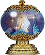 A spherical glass object with a golden base and top, containing an angelic figure in white clothing against a blue background.