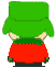 Pixelated cartoon character in red jacket and green hat shown from multiple angles with varying facial expressions.