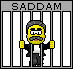 Pixelated character with yellow face and gray hair behind bars, wearing black jacket over white shirt, hands gripping bars, tears streaming from eyes.
