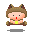 Pixel art contact sheet of a cartoon character with brown animal ears wearing a yellow mask, holding various items across 12 frames including a green object and