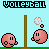 Pixelated pink character with simple facial features plays volleyball on a light blue background, moving across six