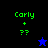 Green text 'Carly' with plus sign and question marks above a star symbol on black and blue backgrounds.