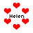 Red pixelated hearts float around the name 'Helen' in a static pattern on a white background.