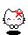 Pixelated white cat face with red bow, pink cheeks, orange nose, black eyes and mouth on gray background.