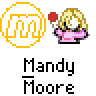 Animated contact sheet showing two frames of a pixel art buddy icon featuring a blonde character in pink holding a red rose, with yellow and white logo elements and text labels.