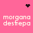 Pixelated pink background with white text 'morgana destepa' in four quadrants, black pixel art symbols at top and center.