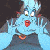 Pixelated character with light blue skin, white eyes, red mouth, and dark gray clothing against a dark background.
