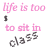 Animated contact sheet of 8 frames showing text-based animation with pink and black lettering on white background, each frame displaying variations of 'life is too' above 'to sit in class' with changing letters forming 'short' across the sequence.