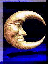 A crescent moon with a smiling face against a dark blue background, rendered in pixelated style with light brown and white tones.