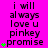 A static image with bright pink background displays repeated text "i will always love u pinkey promise" in black pixelated font, each line accompanied by green plus signs.