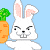 Animated contact sheet of a white rabbit mascot eating carrots across seven frames with varying expressions and props on a light blue background.