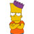 Pixelated cartoon character with yellow skin, purple hair, white eyes, and orange shirt with crossed arms.