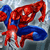 Pixelated static image of a red and blue costumed figure in a dynamic pose against a gray background.