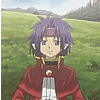 Anime character with purple hair and red headband in red jacket, transitioning from normal face to mechanical mask over eyes while white wings appear behind them.