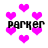 Pixelated pink hearts float around black text reading 'parker' on a white background.