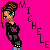 Pixelated icon of a person with blonde hair in an updo, wearing black clothing and blue jeans against a pink checkered background.