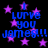 Blue pixelated text "I lurve you James!!" repeated four times on a black background with scattered purple stars.
