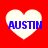 Four white heart shapes on a red background, each containing blue text reading AUSTIN with varying pixelation levels.