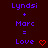 Pixelated text displays 'Lyndsi + Marc = Love' with red heart symbols on a dark background, repeated in a pattern