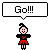 Pixel art cheerleader in black top and red shorts with speech bubbles reading Go!!!, Fight!!!, Win!!!, TEAM!!! against gray background.