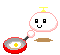 Animated contact sheet of a cartoon character with white cloud-like body holding frying pans, showing frame-by-frame changes in pan contents and expressions on gray background.