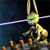 A pixelated figure with a golden body and green eyes emits a purple beam from its head against a dark blue background.