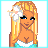 Pixel art of a blonde woman with flower in hair wearing turquoise top and skirt, showing three poses including standing, bending knees, and text