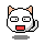 Pixel art contact sheet of a white cat-like character with orange ears and red mouth across seven animated frames showing facial expression changes and partial body movements on gray background.