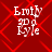 Red background with diamond pattern, white text 'Emily 3D Kyle' in pixelated font, four identical arranged in a